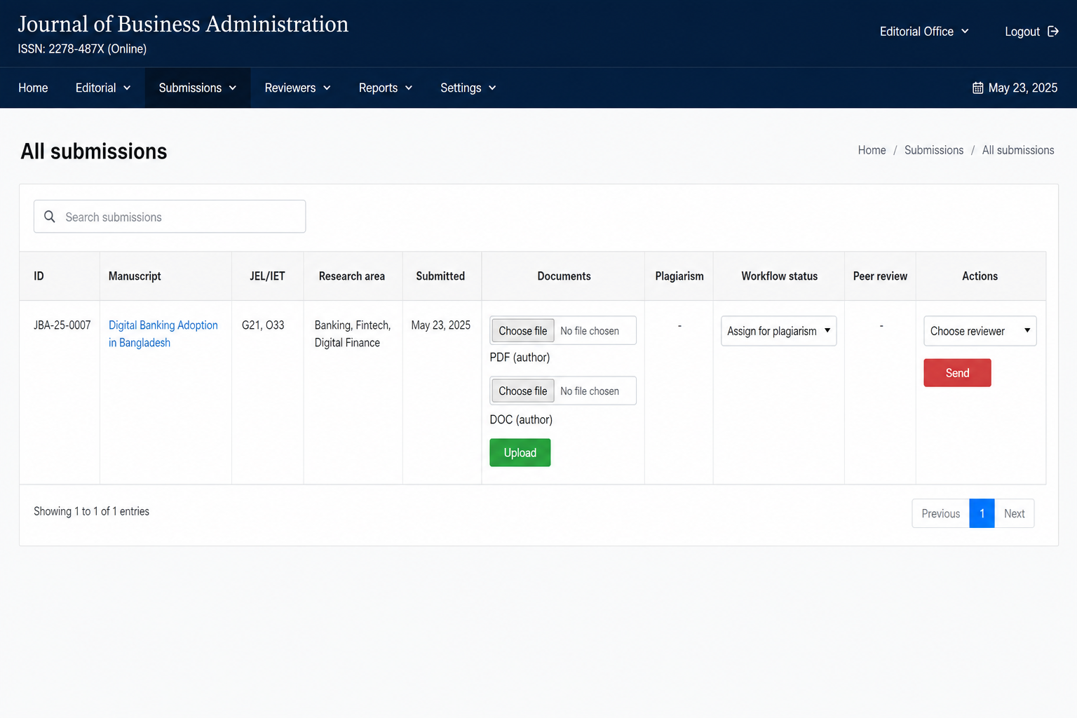 Editor All submissions table with status dropdown, file upload, and send to reviewer