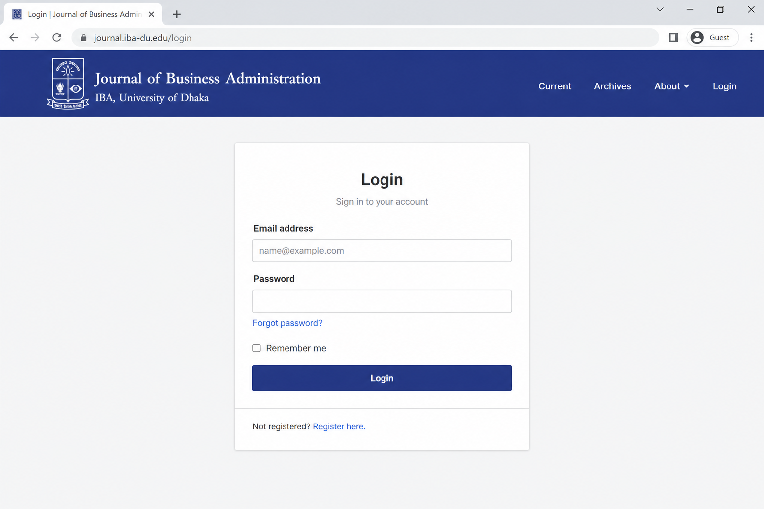 Login page with email, password, Remember me, and Login button