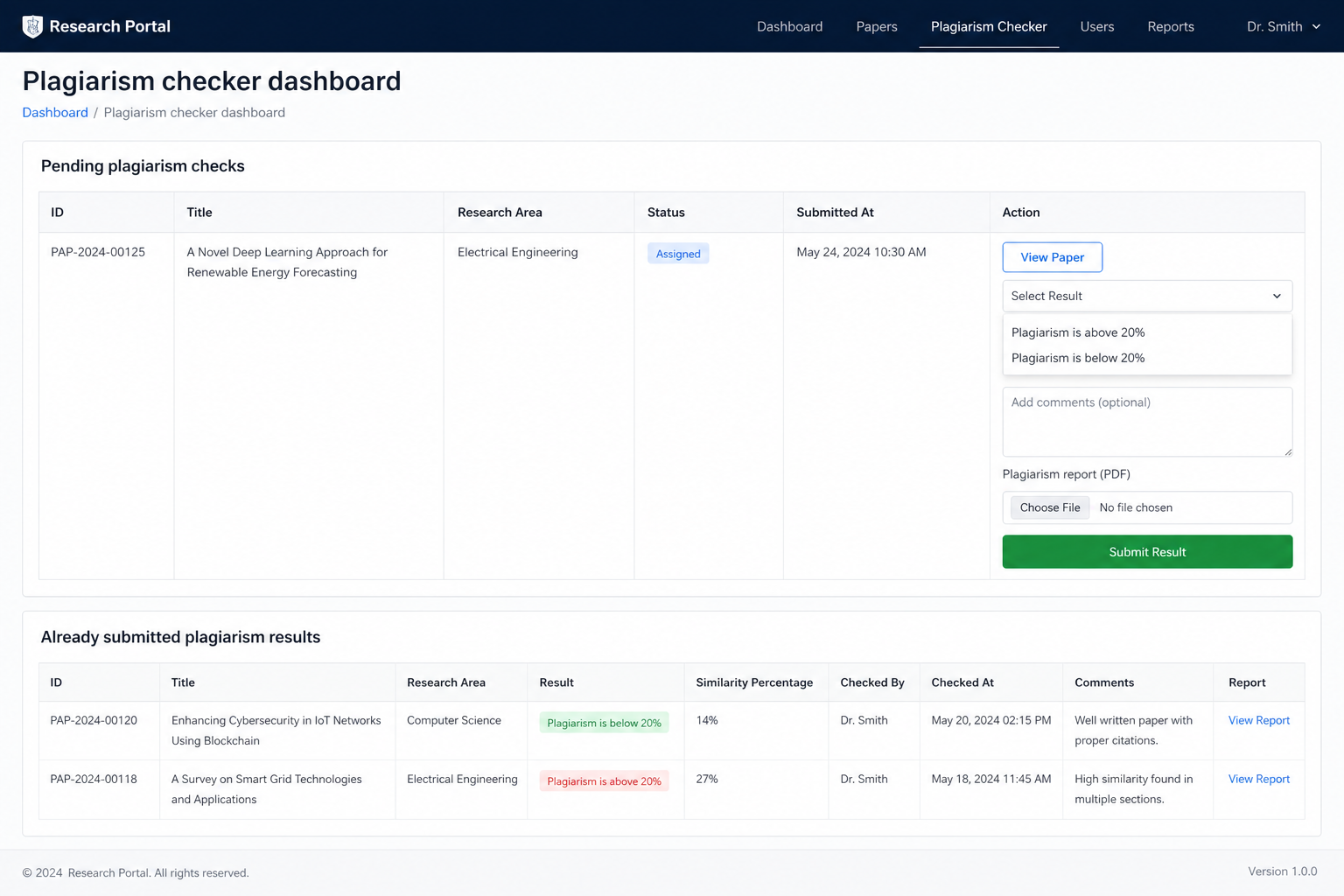 Plagiarism checker dashboard with pending table, result dropdown, comment, and Submit Result