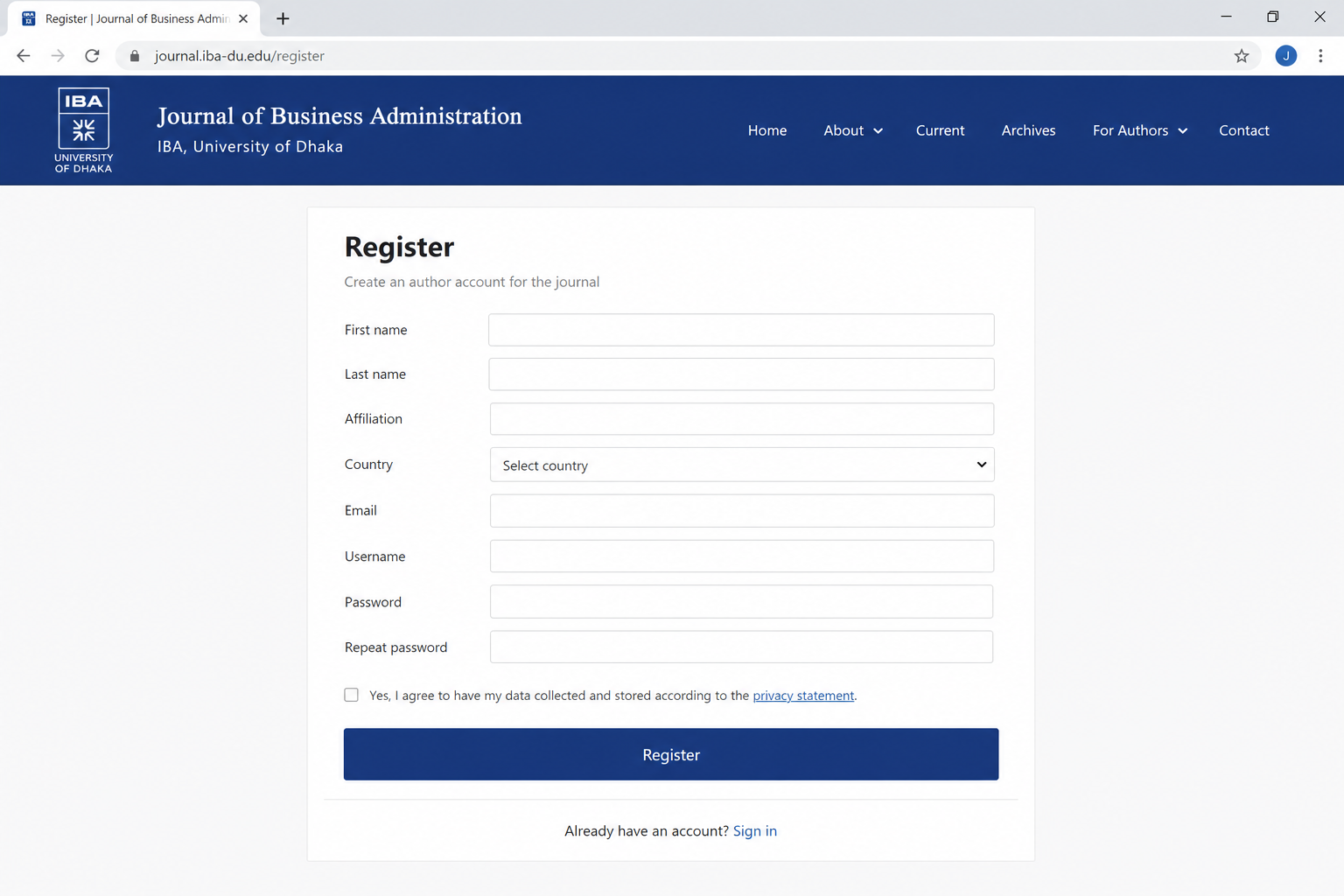 Register page: profile fields, login information, privacy consent, and Register button