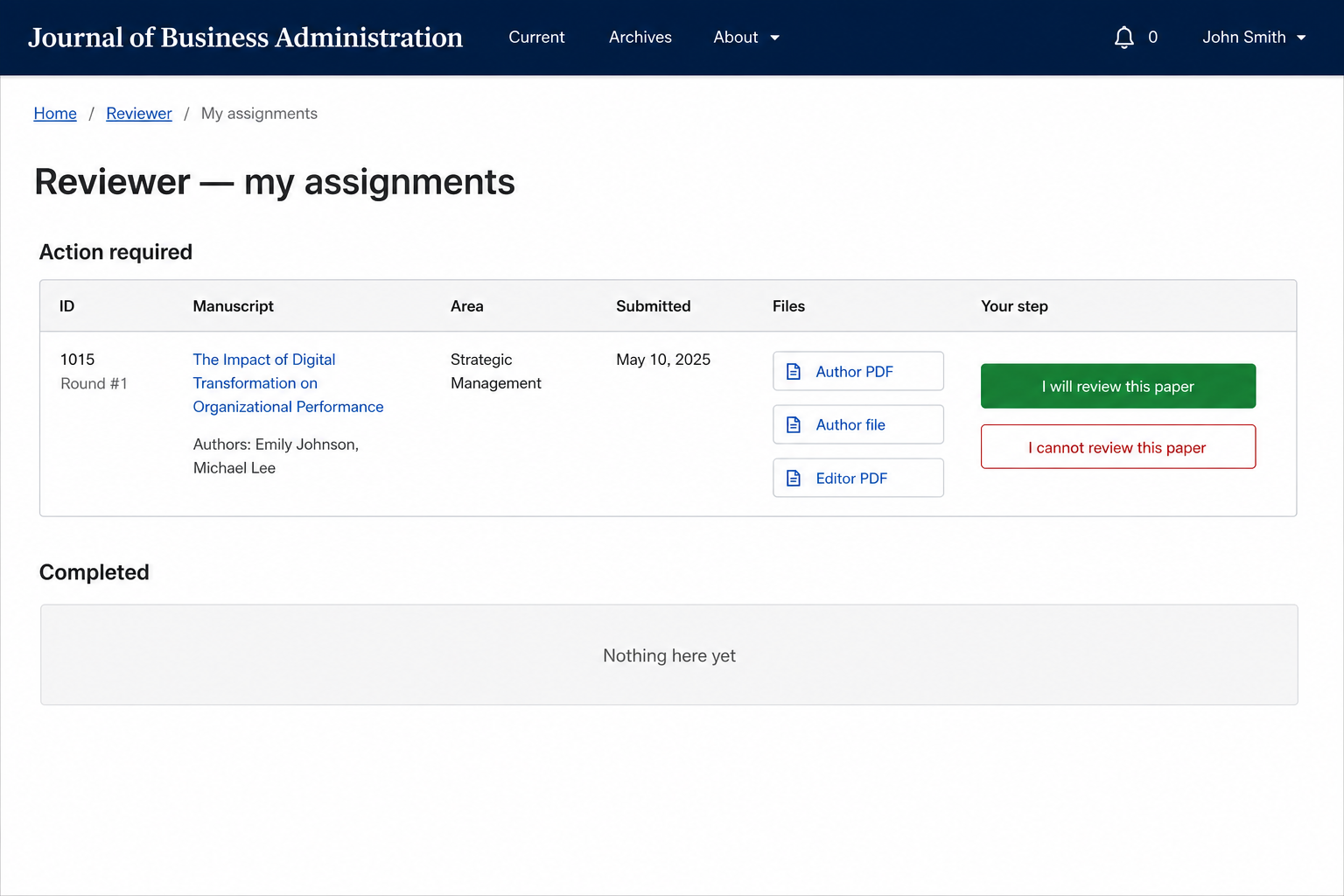 Reviewer assignments with Action required table and accept or decline buttons