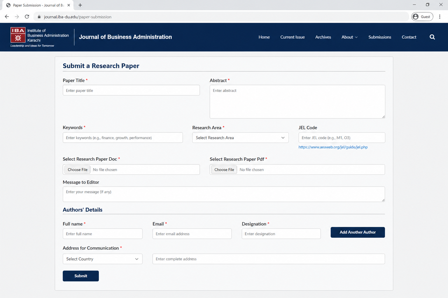 Submit a Research Paper form with title, abstract, files, and author details